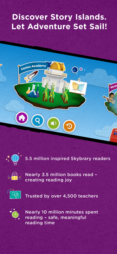 Skybrary – Kids Books & Videos - Skybrary app screen showing the Story Islands map and educational reading statistics