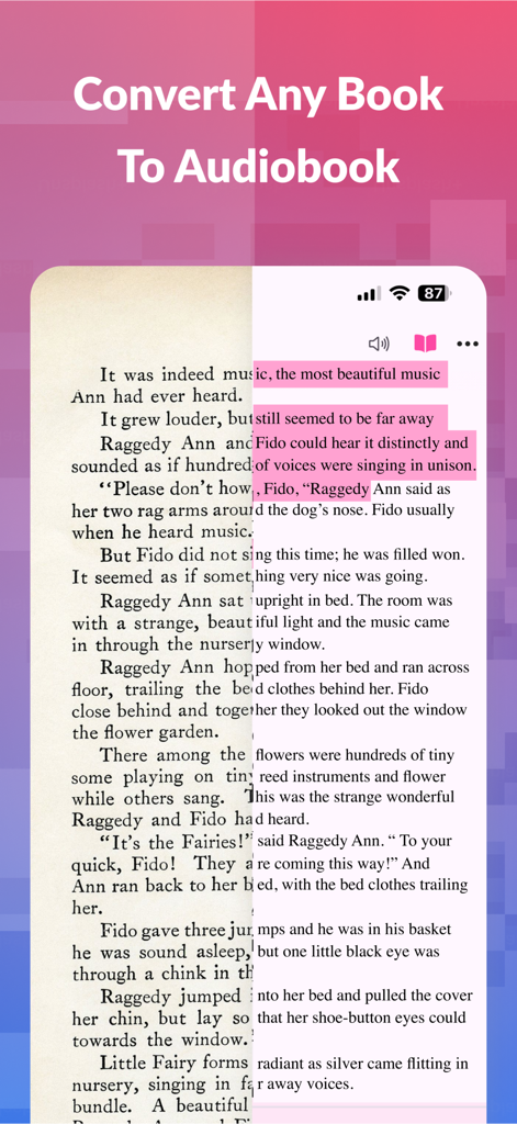Mobile app interface showing a physical book page converted into a digital audiobook with interactive text highlighting