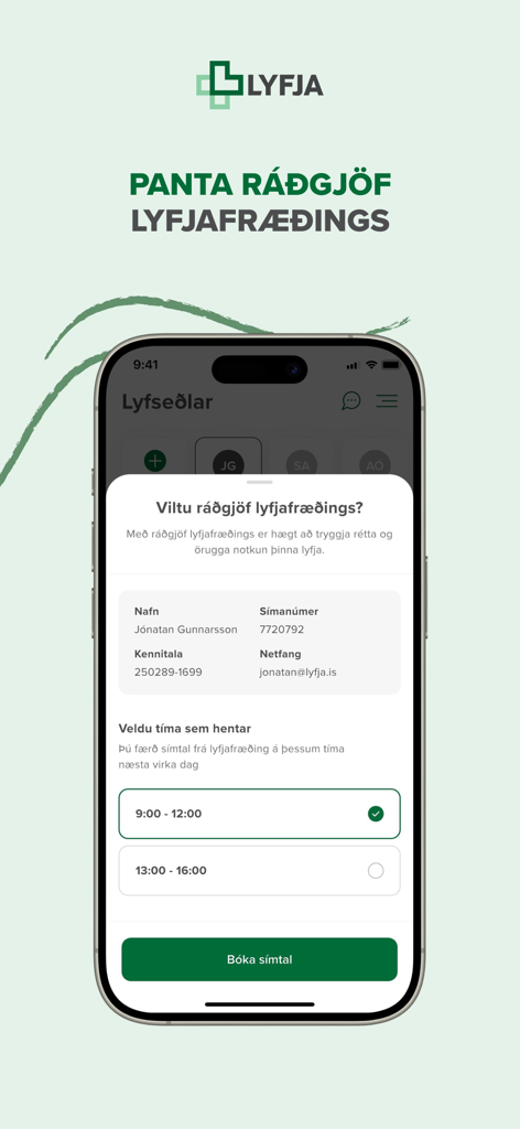 Lyfja hf. - Interfaz de la aplicación móvil Lyfja para programar una llamada de asesoramiento con un farmacéutico