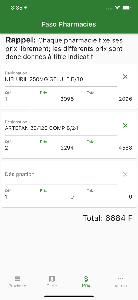 Interface of the Faso Sante mobile app showing a drug price calculation screen with specific medication costs in CFA francs
