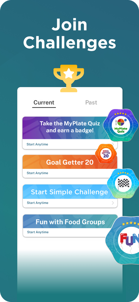Join Challenges screen in the Start Simple with MyPlate app showing different health goals and achievement badges
