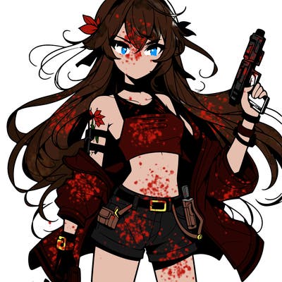 bad girl wearing crop top holding a gun long hair anime