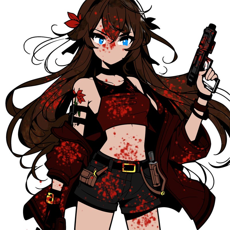 bad girl wearing crop top holding a gun long hair anime