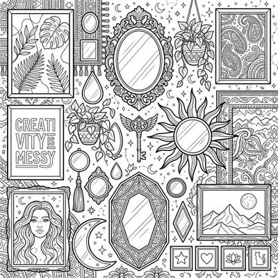 Dive into a world of trendy wall decor with this engaging coloring page designed specifically for teens. Explore intricate designs of mirrors, framed art, and bohemian patterns, perfect for expressing your unique artistic vision.