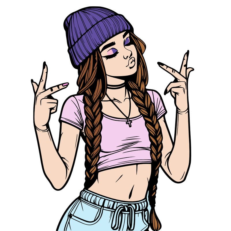 realistic teenage girl with braids and a beanie and crop top doing 🫶🏼