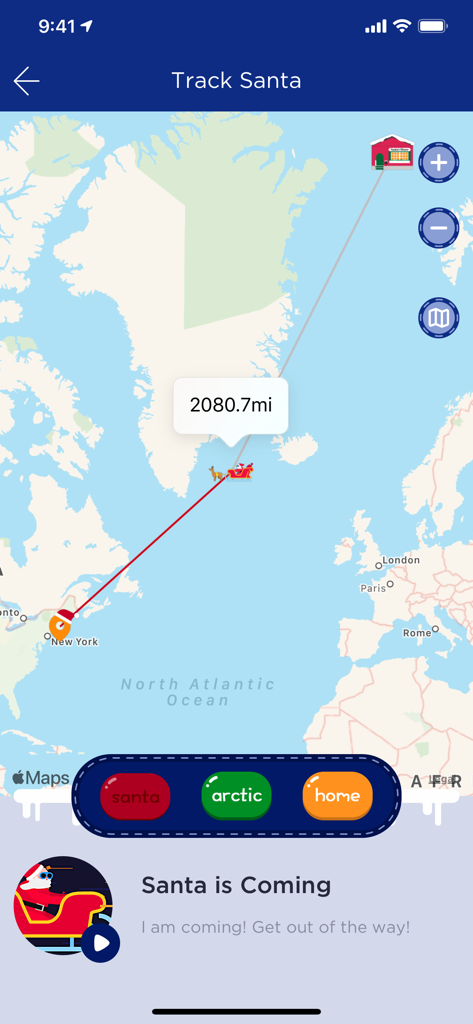 A map interface in the Santa Tracker app showing Santa's sleigh flight path toward New York