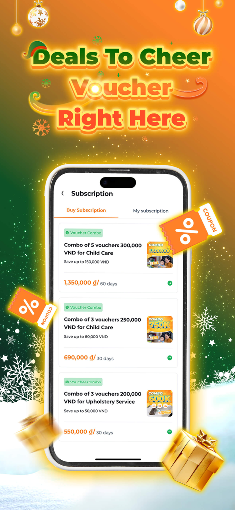 bTaskee - Home Services - bTaskee App-Bildschirm mit Abonnement-Gutschein-Kombis für Kinderbetreuung und Polsterreinigung