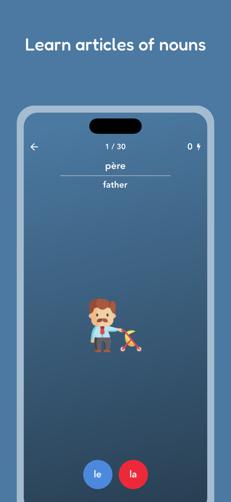 Tobo: Learn French Vocabulary - French vocabulary practice screen for learning noun articles with flashcards and illustrations.