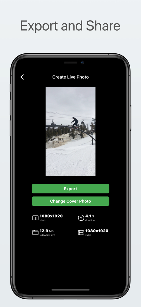 Live Studio - All-in-One - iPhone interface showing the export screen of Live Studio app where a user can create and save a live photo from a snowboarding video