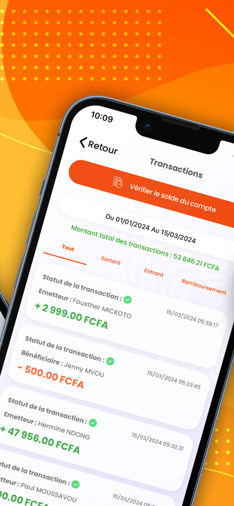 Écran de l'historique des transactions dans l'application CLIKPAY Money montrant une liste des paiements entrants et sortants récents en FCFA