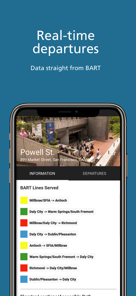 BART (Official) - Official BART app showing real-time train departures and station information for Powell Street