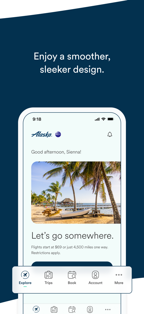 アラスカ航空モバイルアプリのホーム画面。熱帯の旅行先と洗練されたデザインが特徴です。