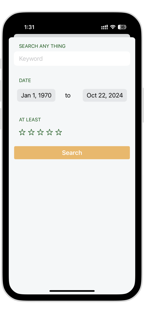 Food Lover Diary - Pantalla de búsqueda de la aplicación Food Lover Diary con filtros por palabras clave, rango de fechas y calificaciones de estrellas.