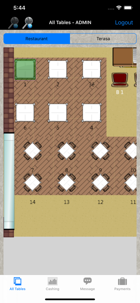 POSnet - Digital floor plan in the POSnet app showing numbered tables for restaurant staff to manage seating and orders.