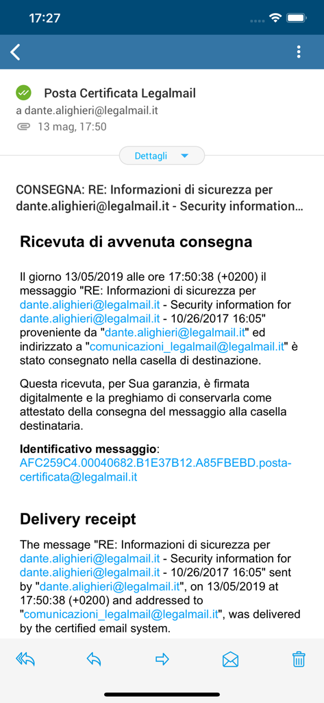 A certified email delivery receipt displayed in the Legalmail app interface.