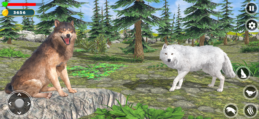 Wolf Simulator Jungle 3D Game - Wolf Simulator Jungle 3D 게임의 3D 숲에 있는 갈색 늑대와 흰색 늑대