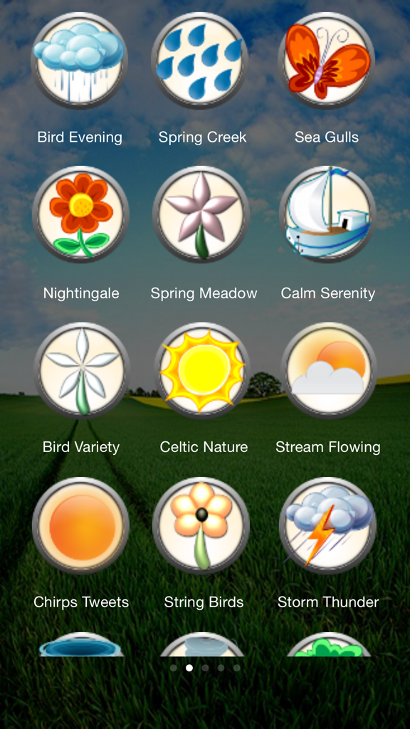 User interface of the Nature Sounds and Ringtones app featuring various nature-themed icons for soothing sounds