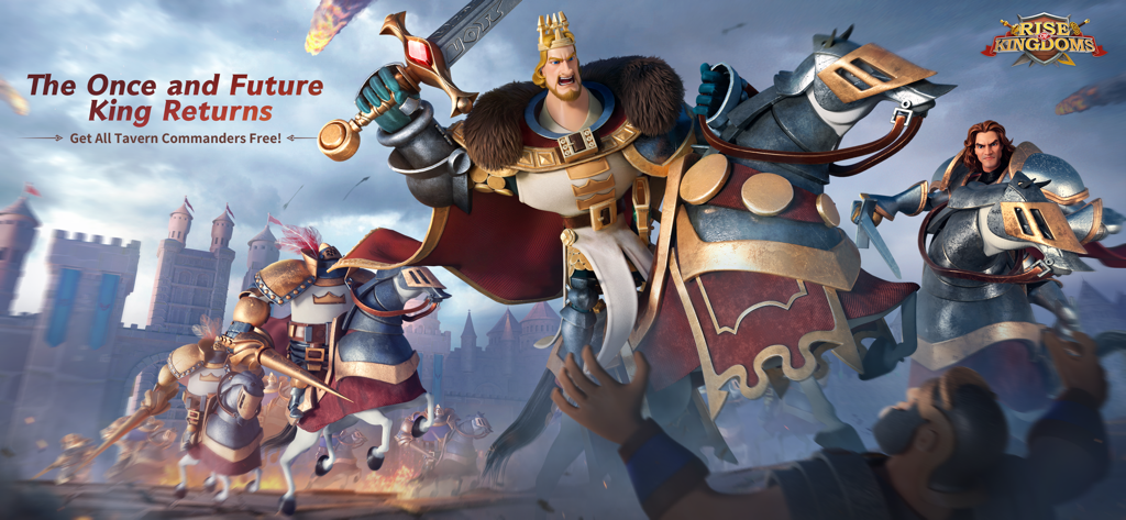 Promotional artwork of a king on horseback leading a charge in the Rise of Kingdoms mobile game.