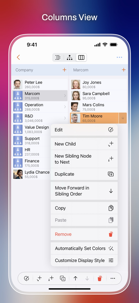 Aplicación OrgChartX en iPhone mostrando la Vista de Columnas con un menú contextual abierto para editar nodos del organigrama.