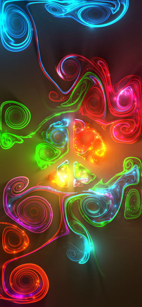 Fluid Simulation - Vibrantes remolinos de fluidos de neón formando un signo de paz en una aplicación de relajación.