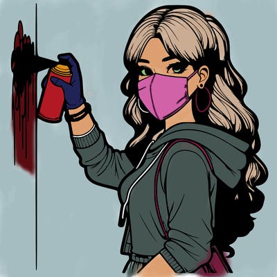 realistic girl with mask spray painting a wall