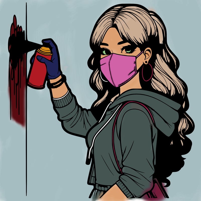 realistic girl with mask spray painting a wall