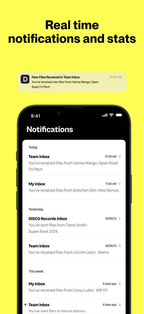 DISCO Music Management - Screenshot of the DISCO app showing real time notifications for team and personal inboxes