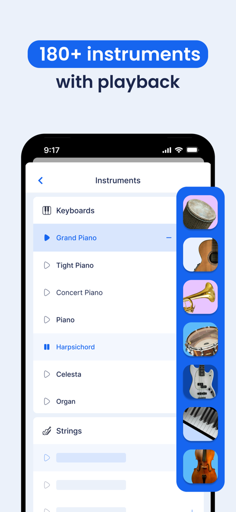 Flat: Music Score & Tab Editor - Eine mobile Benutzeroberfläche der Flat-App, die eine Liste von über 180 für die Musikwiedergabe verfügbaren Instrumenten zeigt, darunter Klavier, Streicher und Schlagzeug.