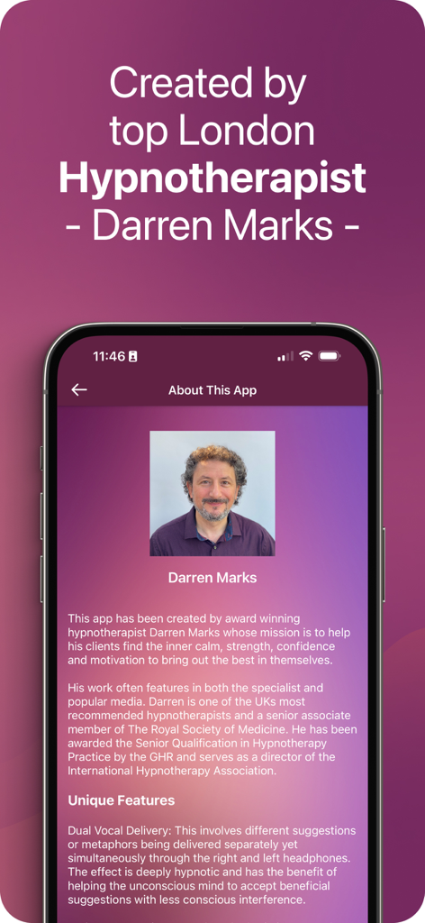 Harmony Self Hypnosis - Profile page of the creator Darren Marks inside the Harmony Self Hypnosis app describing his professional background.