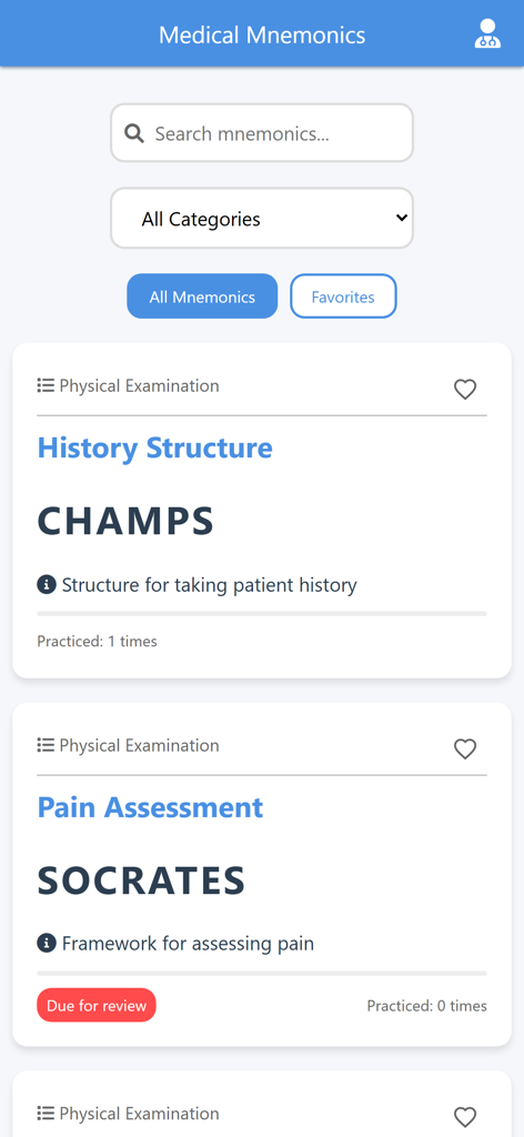 Medical Mnemonics App - A list of medical study cards in the Medical Mnemonics App featuring frameworks like CHAMPS and SOCRATES for physical examination