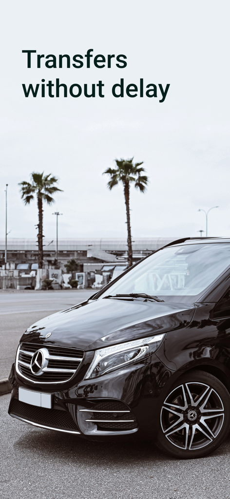 i’way: transfers in 600 cities - A black Mercedes-Benz executive minivan for airport transfers with the text Transfers without delay