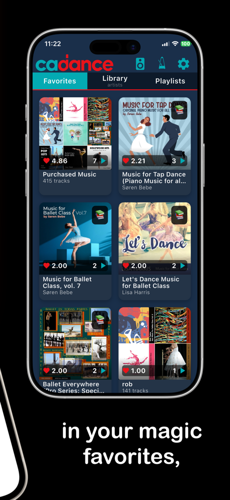 Cadance Dance Tempo Control - Capture d'écran de l'application Cadance montrant une bibliothèque de favoris musicaux de danse organisée pour les cours