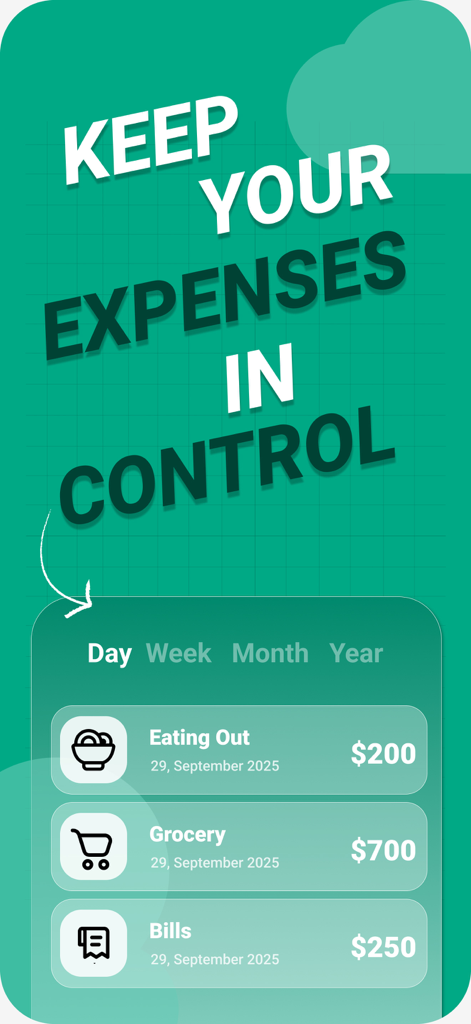 PocketBook AI mobile App-Bildschirm, der eine Liste täglicher Ausgaben für Essen gehen, Lebensmittel und Rechnungen anzeigt