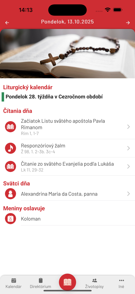 Liturgické čítania - Slovak Catholic app showing daily liturgical readings and calendar.