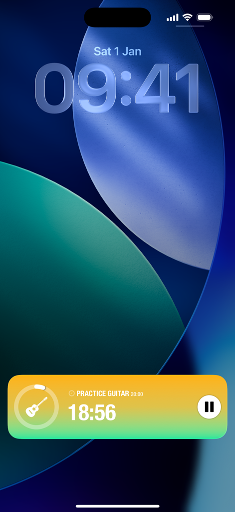 Streaks - Streaks 앱 라이브 활동 위젯이 iPhone 잠금 화면에 기타 연습 타이머를 보여줍니다.