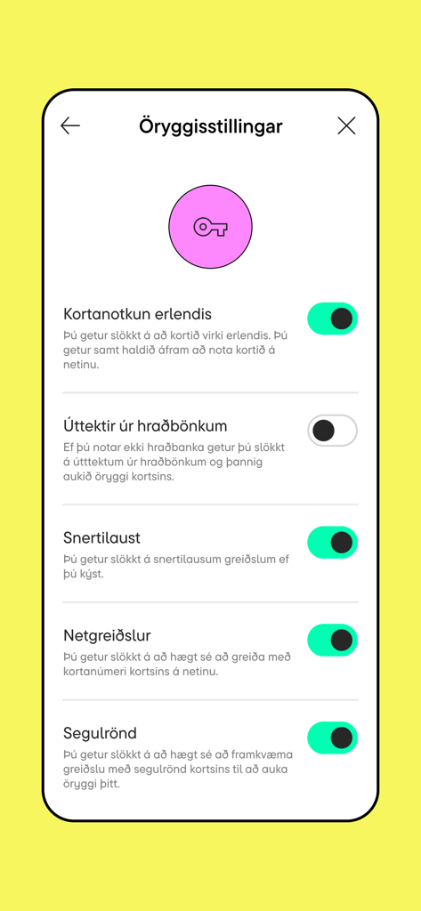 indó - Indo app screen displaying card security settings with toggle switches for international use, ATM withdrawals, and contactless payments.