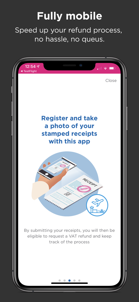 vatfree.com - Vatfree mobile app screen explaining how to photograph stamped receipts for tax refunds.