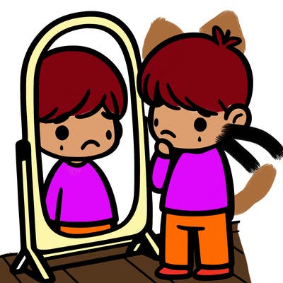 sad in front of a mirror