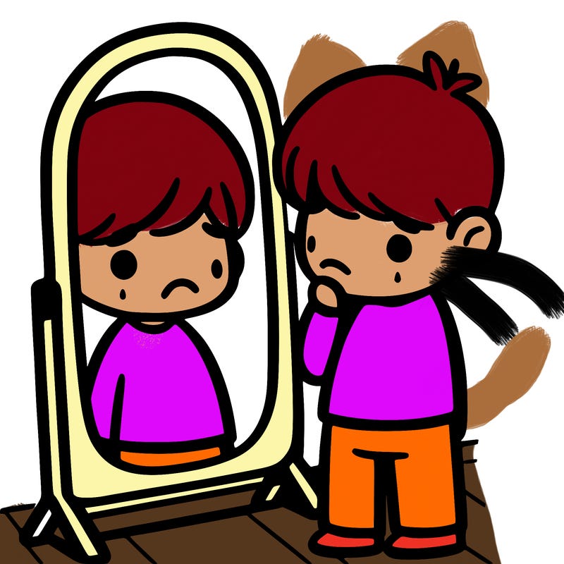 sad in front of a mirror