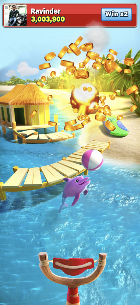 플레이어가 금화를 얻기 위해 열대 섬을 공격하는 코인 트립을 보여주는 스크린샷