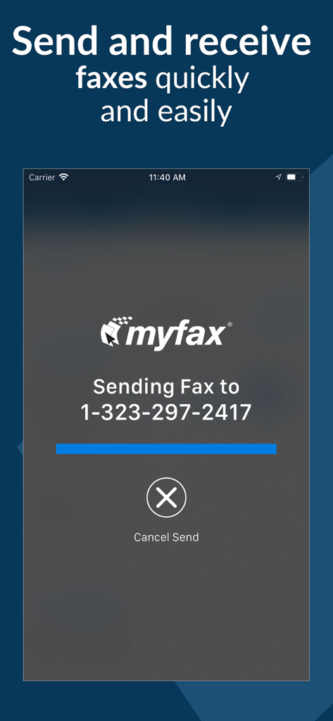 MyFax App–Receive & Send Fax - Smartphone screen showing the MyFax app sending a document to a fax number
