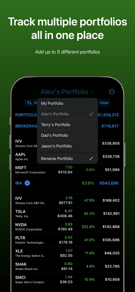 My Pocket Portfolio - My Pocket Portfolio app interface showing how users can track and manage multiple investment portfolios in one place