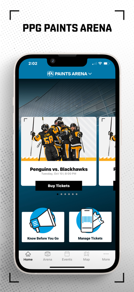 Mobile app interface for the Pittsburgh Penguins showing PPG Paints Arena events and ticket options.