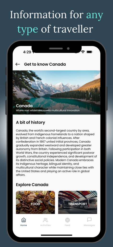 Joy Plus: Find travel friends - Joy Plus app interface displaying travel information and history for Canada