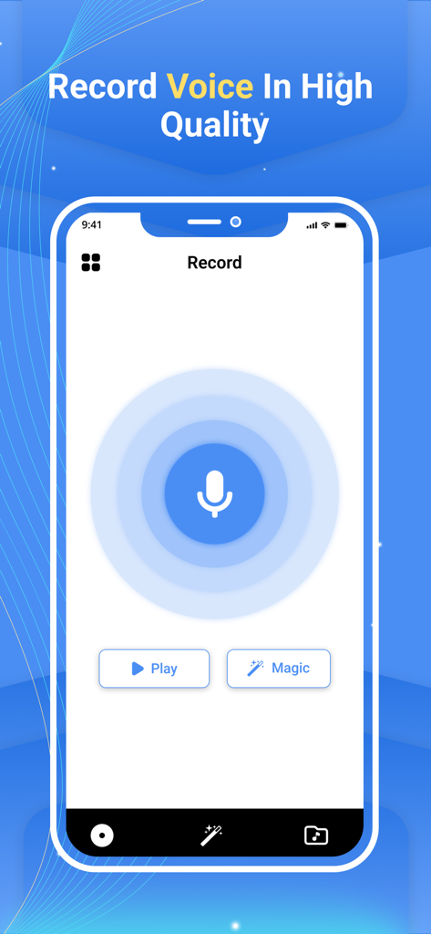 Vocalabs: Gender voice changer - Pantalla de grabación de la aplicación Vocalabs con un icono de micrófono central y opciones de efectos de voz