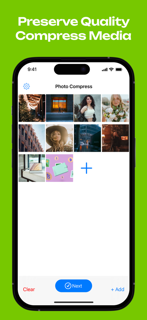 Photo & Video Compressor App - A mobile app interface showing a grid of photos selected for compression with a Next button.