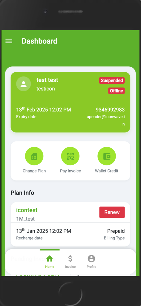 FAAST USER APP - FAAST broadband user app dashboard showing account details and payment options