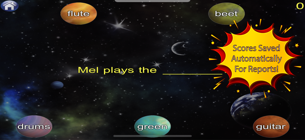 Space themed reading game for kids with automatic score saving for parent reports