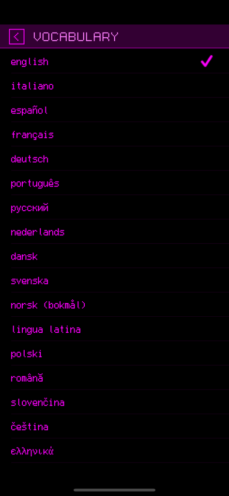 Lexicon Delta Premium vocabulary menu showing a list of seventeen supported languages including English Italian and Spanish