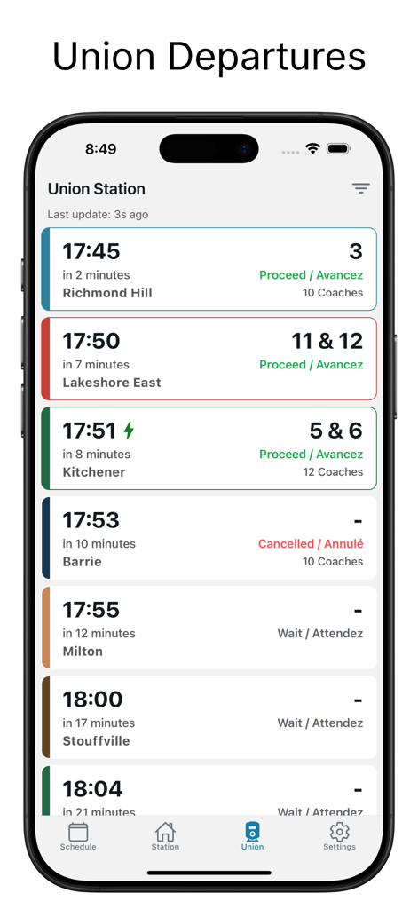 Go Train Track - Go Train Track app interface showing live train departures and platform information for Union Station.